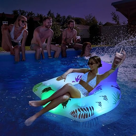Opblaasbaar zwembad, luchtmatras, zwemstoel met wisselend licht, op zonne-energie, waterzwembad, voor volwassenen, bank met 2 bekerhouders, luchtmatras, zwembad voor volwassenen van Merkloos
