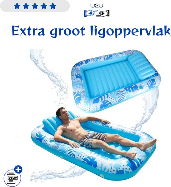 Opblaasbaar Zwemmatras met Hoofdkussen Blauw 175x115 cm - Drijvend Zwem Matras voor Zwembad Strand en Meer - Comfortabel Opblaasbaar Watermatras met Bekerhouders en Trekkoord - Luxe PVC Zwemluchtbed tot 100 kg voor Ontspanning en Vakantie - Met Ebook