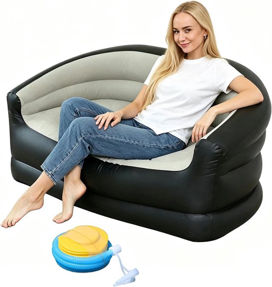 Opblaasbare 2-zits bank voor buitengebruik, luchtbank met voetpomp, ideaal voor camping, tuin en balkon, comfortabel en draagbaar (bruin)