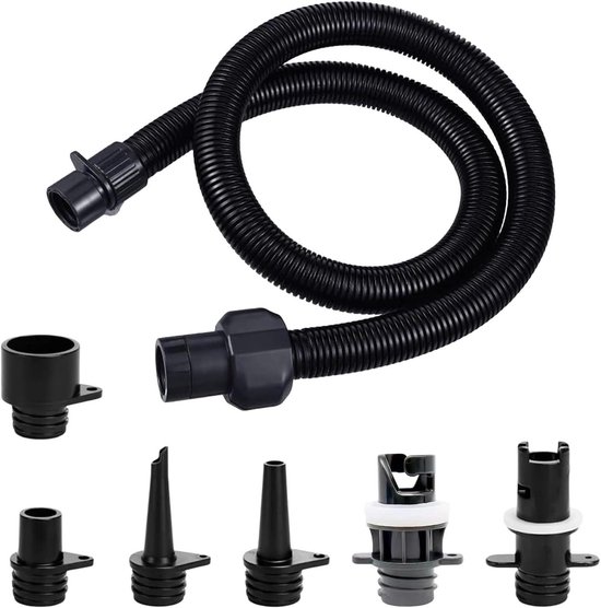 Opblaasbare Adapterset - SUP Ventieladapters - Watersport Accessoires - Zes Verschillende Mondstukken - 1 Meter Slang - Zwart