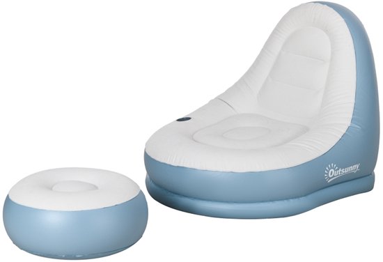 Opblaasbare bank - Campingbank - Opvouwbare opblaasbare bank - Opvouwbare opblaasbare eenpersoonsbank - Met voetenbankje - Met bekerhouder - Opvouwbaar - 125*100*87 cm - Geschikt voor kamperen, thuisgebruik, enz. - Blauw, wit
