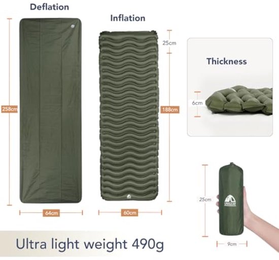 Opblaasbare Camping Isomatte – Ultralicht, Vochtbestendig, Waterdicht, 188x60x6cm – Legergroen van Merkloos