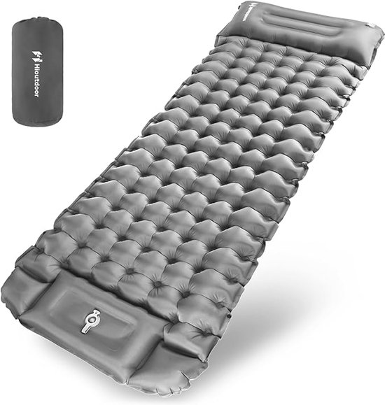 Opblaasbare camping slaapmat 10 cm – Ultralicht isomat met geïntegreerde voetpomp – Camping matras – Slaapmat voor outdoor, backpacking, wandelen & reizen – Grijs