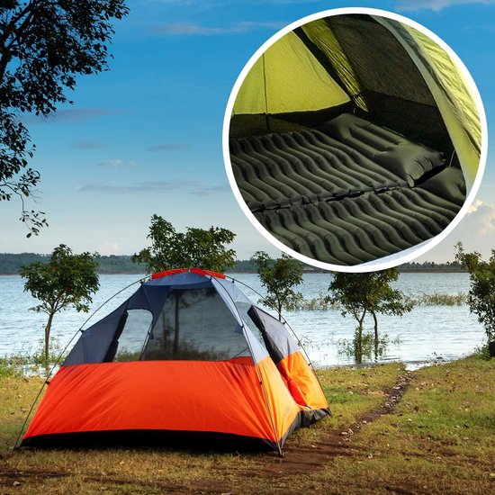 Opblaasbare camping slaapmat voor buiten vochtbestendig waterdicht en antislip HERBRUIKBAAR (legergroen met kussen) van Merkloos