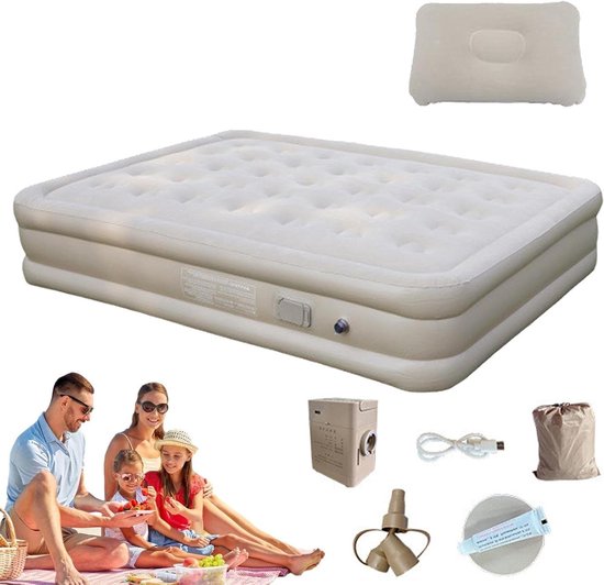 Opblaasbare Campingmatras - Kampeerbed Slaapmat - Kamperen en Buiten - Zelfopblazend met Pomp - Twee Personen - Beige