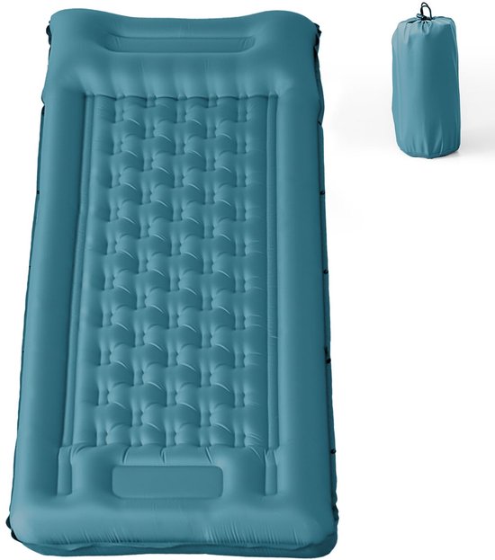 Opblaasbare Campingslaapmat met Kussen, Waterdicht en scheurbestendig 50D nylon Enkele Luchtmatras met ingebouwde voetpomp, blauwgroen, 195x72x12cm