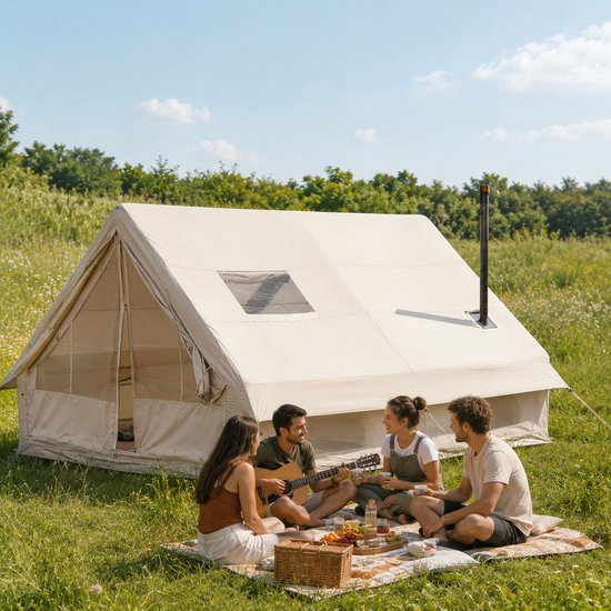 Opblaasbare Campingtent 4-6 Personen – Luxe Familietent met Dakraam, Snelle Opblaastent voor Alle Seizoenen – Waterdichte Glamping Tent met Kachelaansluiting