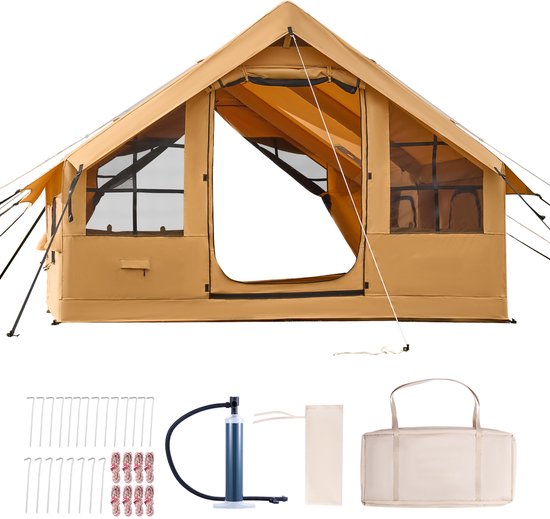 Opblaasbare Campingtent voor 5-8 Personen, Inclusief Handpomp, 4x3x2,2 m Glampingtent met Dakramen, Luifel, Kooktoestelaansluiting, 2 Deuren, Gaasramen en Draagtas