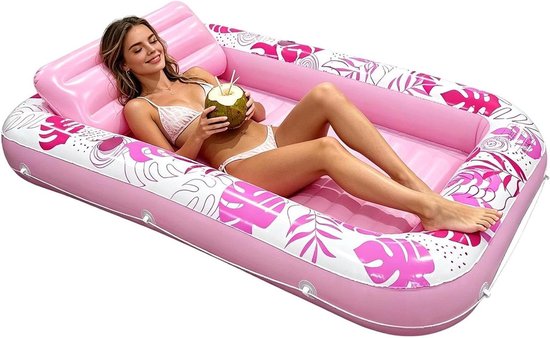 Opblaasbare drijver - Zonnebed - Ontspannen op water - Stijlvol bladpatroon - 176 x 114 cm - Roze