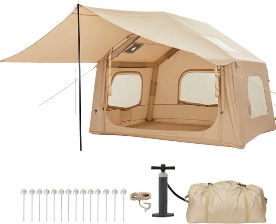 Opblaasbare Familietent 4 tot 6 Personen - Luxe Campingtent met Afneembare Luifel - Ruime Stahoogte (222 cm) - Snel Opzetbaar in 5 Minuten met Meegeleverde Handpomp - 305 x 244 cm