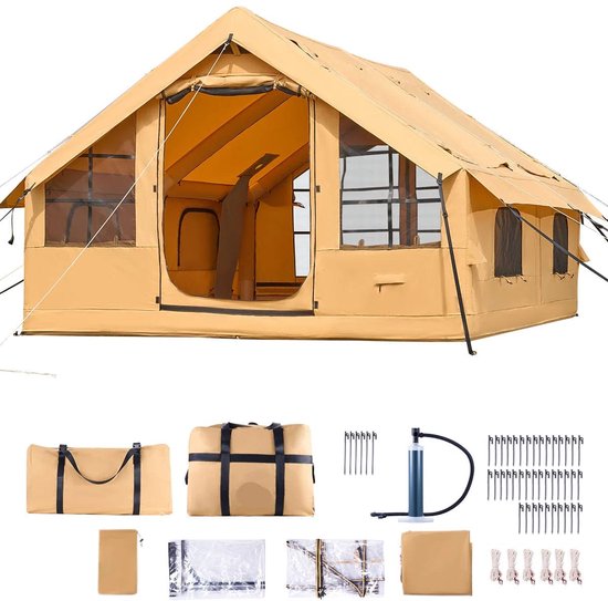 Opblaasbare Familietent – Kampeertent – Gezinstent – Tent Met Pomp – 13 m² Leefruimte – Waterdicht Oxford Doek - 4.8x3.6m - Geel van Merkloos