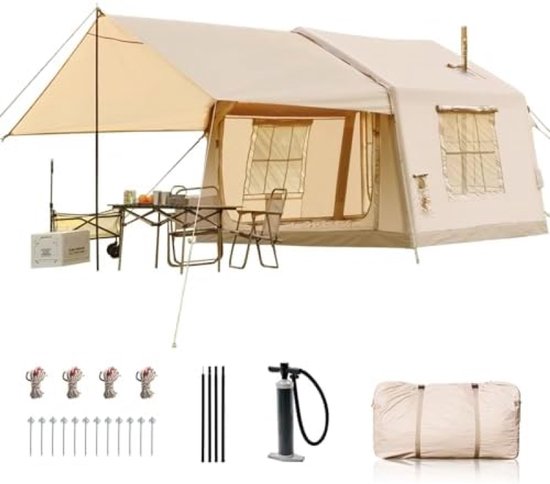 Opblaasbare Familietent met Luifel en Ovenpijp - Waterdicht en Snel Opgezet - Vakantie - Camping van Nordic Coast.