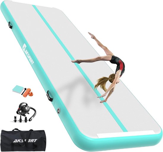 Opblaasbare Gymnastiekmat - Turnmat Vloermat - Thuis Training - Inclusief Luchtpomp - Tot 6 Meter Lang - Mintgroen
