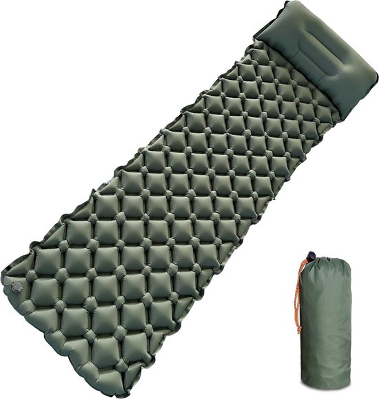 Opblaasbare isolerende campingmat voor buiten, met kussen, slaapmat, opblaasbaar voor kamperen, wandelen en outdoor, reisavontuur, campinguitrusting, licht en duurzaam, legergroen van Merkloos