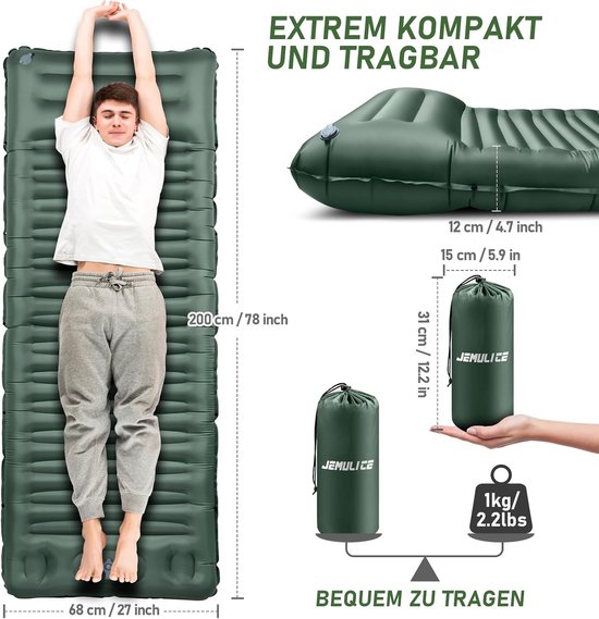 Opblaasbare Isomat - Legergroen - 200 x 68 x 12 cm - Ultralichte Slaapmat met Voetpomp - Voor Kamperen en Wandelen