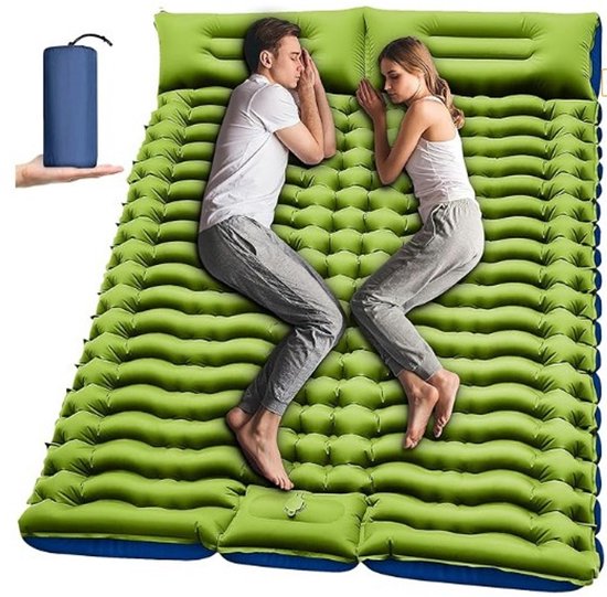Opblaasbare kampeerslaapmat - Dubbele opblaasbare slaapmat - Zelfopblazende kampeermat - Voor 2 personen - Compact en gemakkelijk mee te nemen - Geschikt voor backpacken, wandelen, autotochten, kamperen in tenten, strandvakanties - Groen van Merkloos