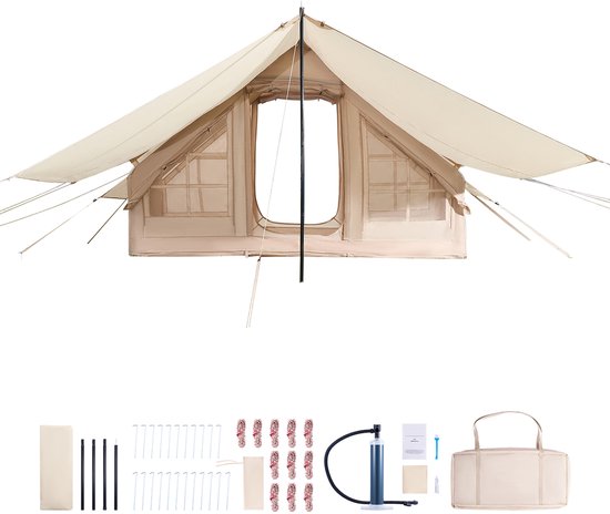 Opblaasbare Kampeertent 3x2x2 M, Geschikt voor 3-5 Personen, 300d Oxford Stof voor Alle Seizoenen, Glamping Tent met Luifel, Handpomp, Ovenopening, 2 Deuren & 2 Gaasramen van Merkloos