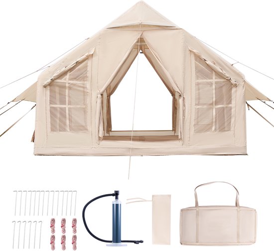 Opblaasbare Kampeertent 3x3x2,3 M, Geschikt voor 4-6 Personen, 300d Oxford 4-Seizoenentent met Handpomp, Ovenopening, 2 Ingangen En 4 Gaasramen van Skandika