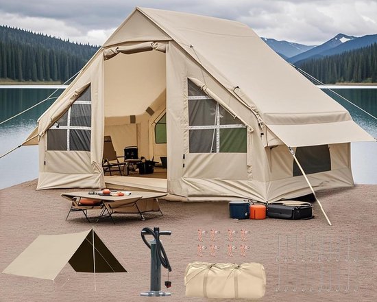 Opblaasbare Kampeertent 4-6 Personen – Familietent met Luifel – Inclusief Handpomp – Waterdicht – Windbestendig – Dubbele Deuren – Glampingtent voor Camping en Outdoor