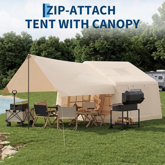 Opblaasbare Kampeertent 6-8 Personen Met Dakraam En Kachelopening, Waterdichte Oxford Glamping Tent Met Pomp Eenvoudig Op Te Zetten