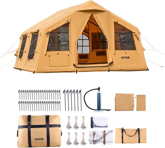 Opblaasbare Kampeertent 8-12 Personen – Luxe Glampingtent 4,8 x 3,6 x 2,2 m – Inclusief Handpomp – Luifel – Kachelaansluiting – Waterdicht – Familietent voor Camping en Outdoor