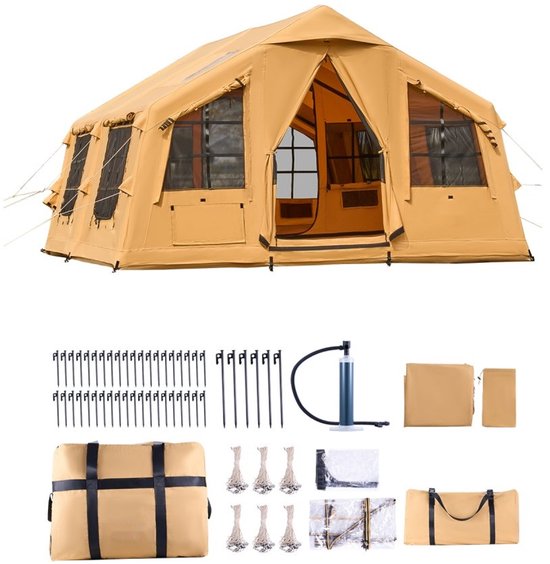 Opblaasbare kampeertent - Familietent/Glampingtent 8-12 personen - Afmeting 4,8 x 3,6 x 2,2 m - Inclusief handpomp - Luifel - Kachelaansluiting - Twee Deuren - Gaasramen van ZEMPIRE