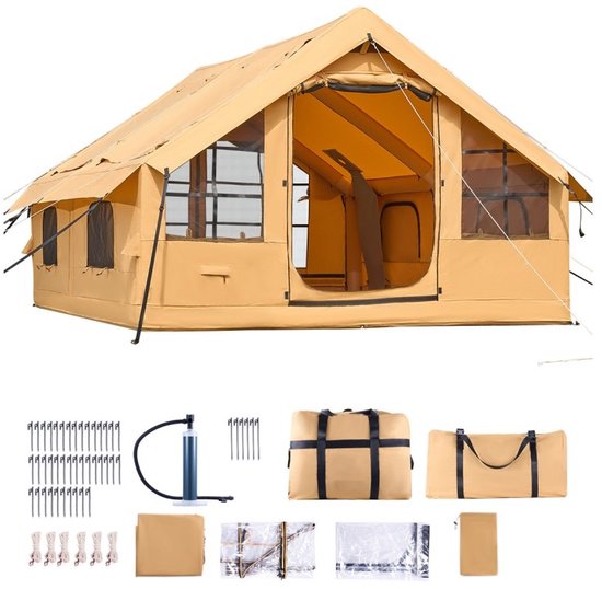 Opblaasbare kampeertent - Glampingtent 5-8 personen - Afmetingen 4 x 3 x 2,2 m - Twee deuren - Luifel - Kachelaansluiting - Gaasramen - Inclusief handpomp en opbergtas van Skandika