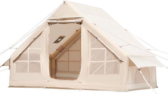 Opblaasbare Kampeertent voor 3-5 Personen, Snel Op Te Zetten met Handpomp, 4-Seizoenentent Van 300d Oxford Stof met Ovenaansluiting, Gaasramen En Praktische Opbergtas van Moose Outfits