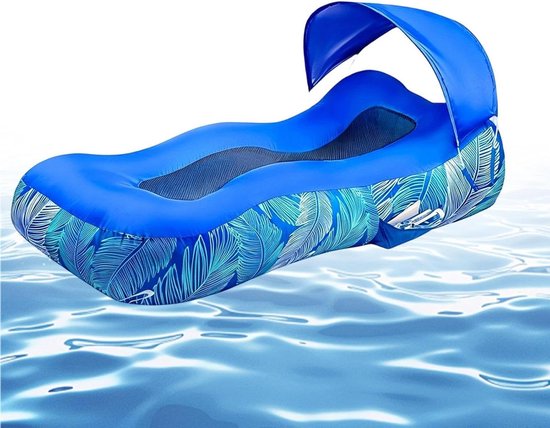 Opblaasbare Lounger - Luchtbank Ligbed - Ontspannen Buiten - Met Zonnescherm - 190x75x55cm - Klein Blauw