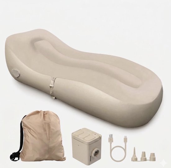 Opblaasbare Luchtbank met Ingebouwde Pomp – Oplaadbaar (USB-C) – 150 kg draagvermogen – voor Binnen & Buiten- 185x76x55 cm van Merkloos