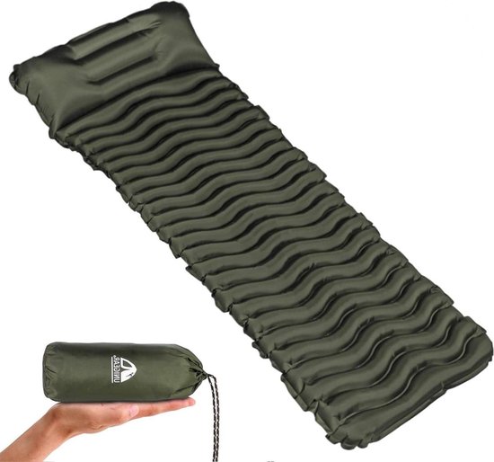 Opblaasbare luchtmatras camping slaapmat voor buiten - vochtbestendig waterdicht en antislip - HERBRUIKBAAR (legergroen met kussen) van Merkloos