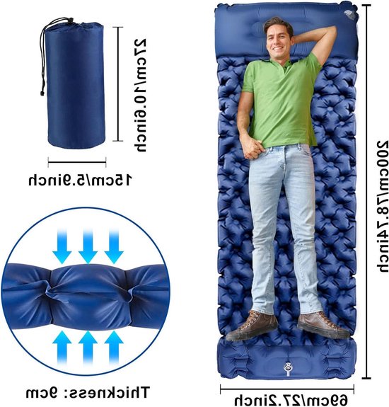 Opblaasbare luchtmatras voor camping en strand met zelfopblazend slaapmat - voetpomp kussen - ultralicht - vochtbestendig - waterdicht - antislip van Merkloos