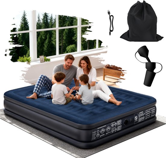 Opblaasbare Matras - Luchtbed met Ingebouwde Elektrische Pomp - 40 Gaten Luchtkussenstructuur - Draagvermogen 150kg - Zelfopblazende Luchtmatras - Voor Reizen, Camping en Gastenkamer - 203×152×38cm - NAIZY