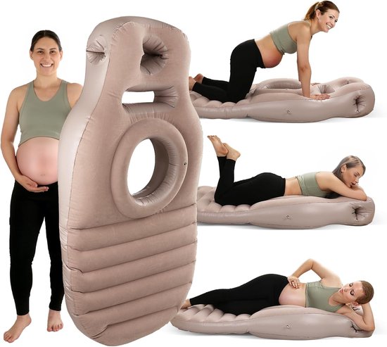 Opblaasbare PVC-slaapmat voor zwangere vrouwen, O-vormige slaapmat, comfortabele positioneringsmat voor tijdens de zwangerschap (khaki + Europese standaard luchtpomp) - 165*70*25 cm