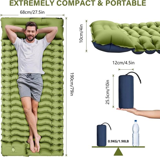 Opblaasbare Slaapmat 10 cm Dik – Draagbare Campingmat met Ingebouwd Kussen en Voetpomp – Lichtgewicht Luchtmatras voor Outdoor, Trekking, Backpacken en Reizen van Merkloos