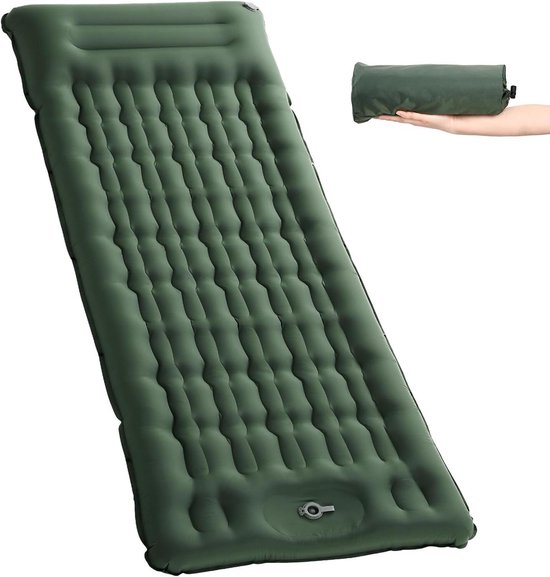 Opblaasbare slaapmat 11 cm zelfopblazend - upgrade airbag campingmatras met voetpomp en hoofdkussen - legergroen van FLOWZOOM