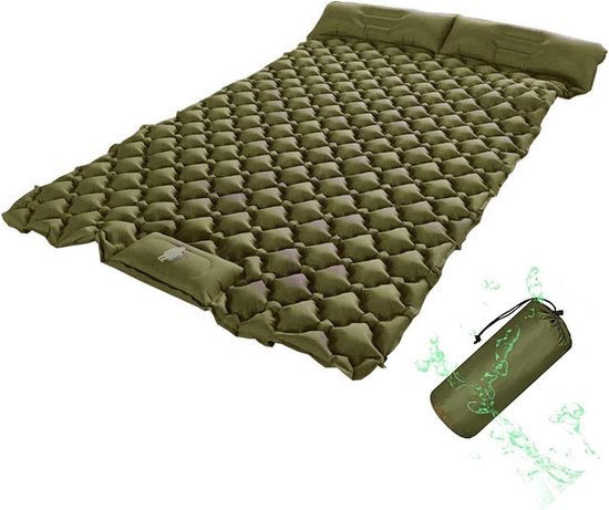 Opblaasbare slaapmat - Dubbele campingmat - Comfortabel slapen buiten - Ingebouwde voetpomp - 206x120x6 cm - Legergroen