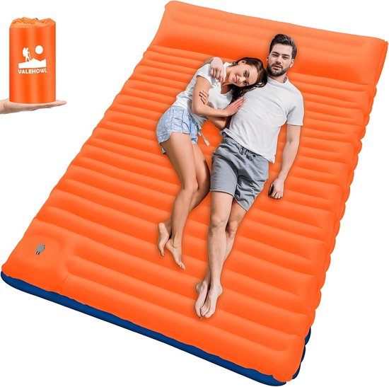 Opblaasbare Slaapmat - Kampeer Kussen - Buiten Slapen - Met Voetpomp - 10 Cm Dik - Oranje Blauw