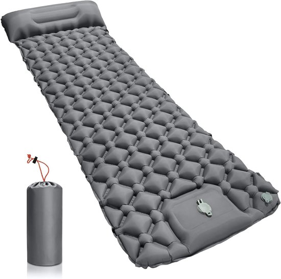 Opblaasbare Slaapmat - Kampeer Matras - Buiten Ontspannen - Geïntegreerd Kussen - 190x60cm - Grijs