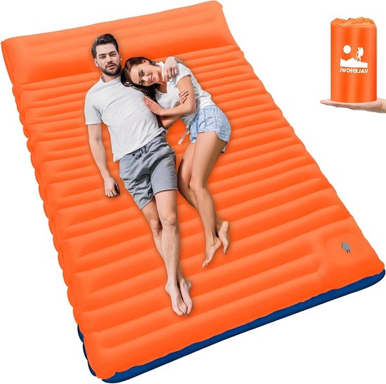 Opblaasbare Slaapmat - Kampeer Matras - Buiten Slapen - Met Voetpomp - 10 cm Dik - Oranje Blauw