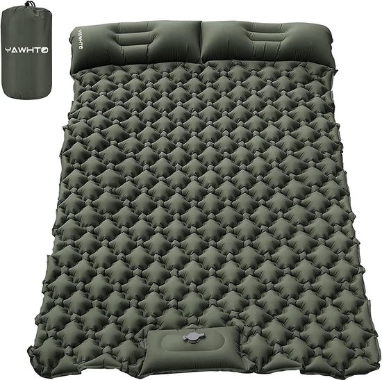 Opblaasbare slaapmat met voetpomp - Campingmatras met kussen voor auto reizen - Legergroen van Hikenture