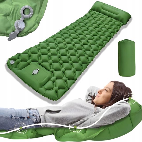 Opblaasbare Slaapmat - Opblaasbare Kampeermat - Slaapmatje 1 Persoons - Zelfopblazend met voetpedaal | 5 cm dik - Groen - Nylon/TPU - 190x60x5cm - Snel Opblazen - Vlekbestendig & Ultralicht en handig van Merkloos