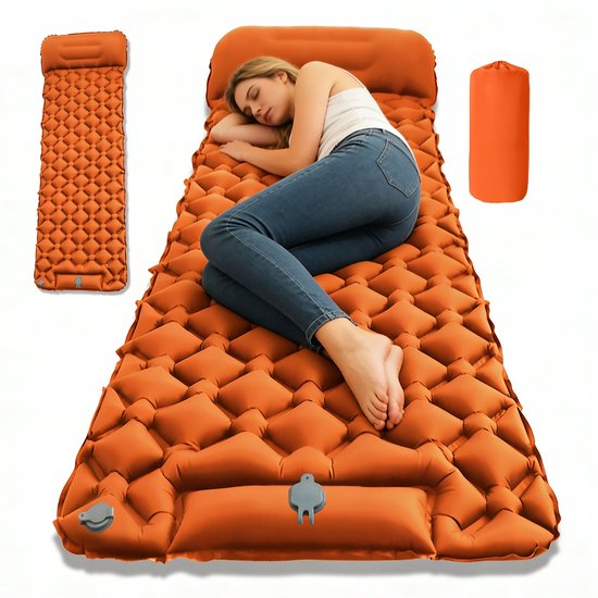 Opblaasbare Slaapmat - Opblaasbare Kampeermat - Slaapmatje 1 Persoons - Zelfopblazend met voetpedaal | 5 cm dik - Oranje - Nylon/TPU - 190x60x5cm - Snel Opblazen - Vlekbestendig & Ultralicht en handig van Merkloos