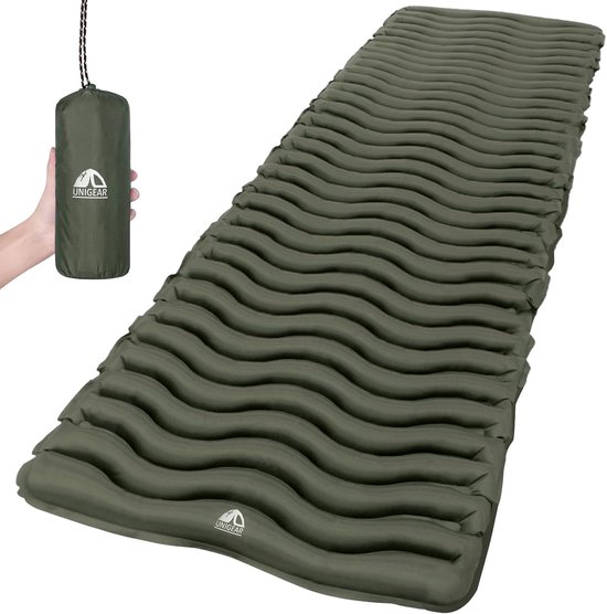 Opblaasbare slaapmat voor kamperen - nylon en TPU – golfvorm – dubbele klep – compact opbergbaar – legergroen van Merkloos