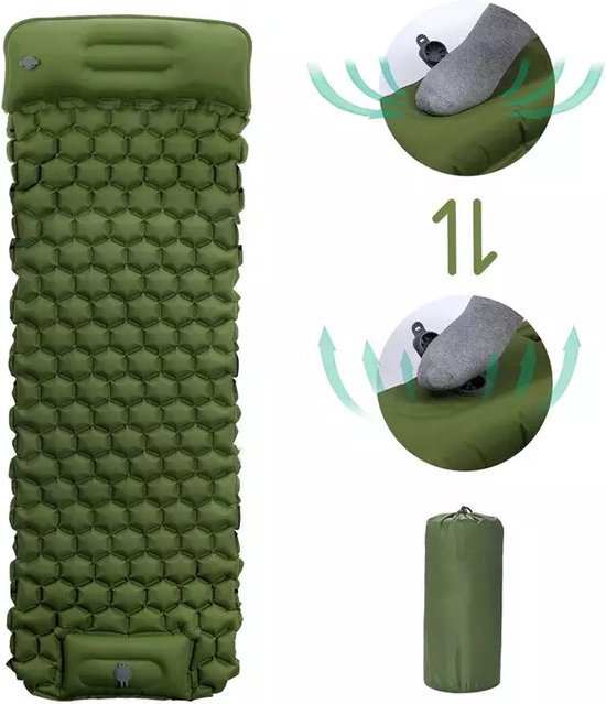 Opblaasbare Slaapmatje - Luchtmatras - Opblaasmatras - Kampeermat - Ingebouwde pomp - Zelfopblazend - Hoofdkussen - 193x60x14cm / 28x11 - Groen - Camping - Survival - 1 persoon - Vakantie - Strand van Merkloos