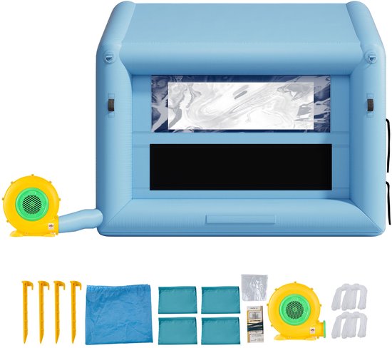 Opblaasbare Spuitcabine 3 X 2,5 X 2,5 m, Spuitcabinetent met 550 W Ventilator, Luchtfiltersysteem en Transparante Ramen, Driehoekig Dakontwerp, Gemaakt van 210d Oxford-Stof, Blauw voor Spuitverf