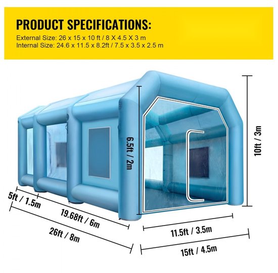 Opblaasbare Spuitcabine - Spuittent - Afmeting 8 x 4,5 x 3 m - Met 2 elektrische blaasmachines - Voor autospuiten - Grote werkruimte van Merkloos