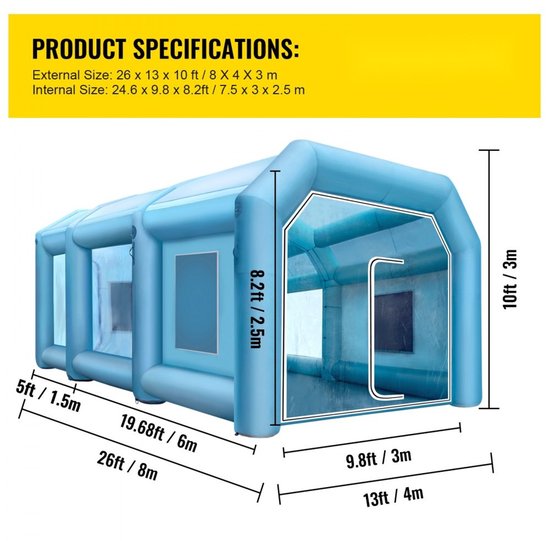 Opblaasbare spuitcabine tent - Autospuitcabine - Afmeting 8 x 4 x 3 m - Oxford 210D Stof - Met 2 Blaasmachines - Draagbaar - Snel Opzetten