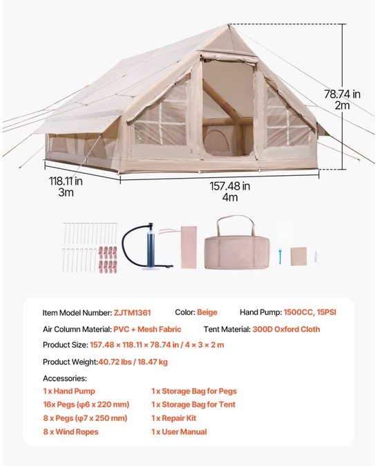 Opblaasbare Tent - Glampingtent Luchttent - 4 x 3 x 2 m - 5-8 Personen - 300D Oxford - Kachelaansluiting - 2 Deuren & 4 Gaasramen - Inclusief Handpomp & Draagtas van Skandika