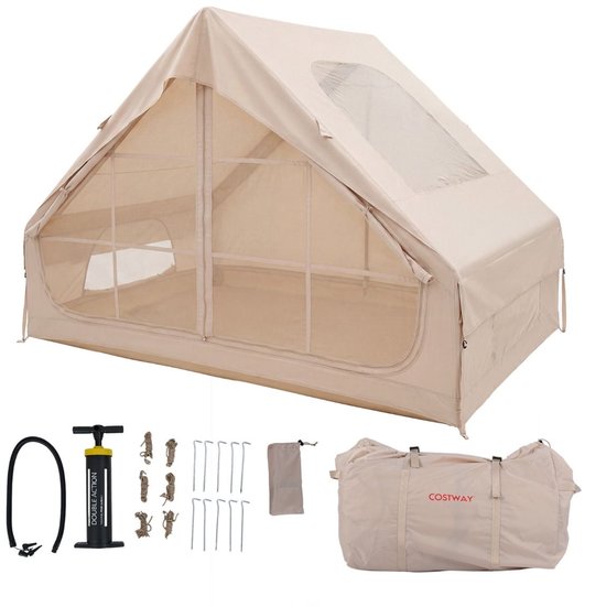 Opblaasbare tent - Opblaasbare glamping tent - Waterdicht - Tot 4 personen - Kaki - Camping - Tuin - Glamping - 295 x 205 x 200 cm
